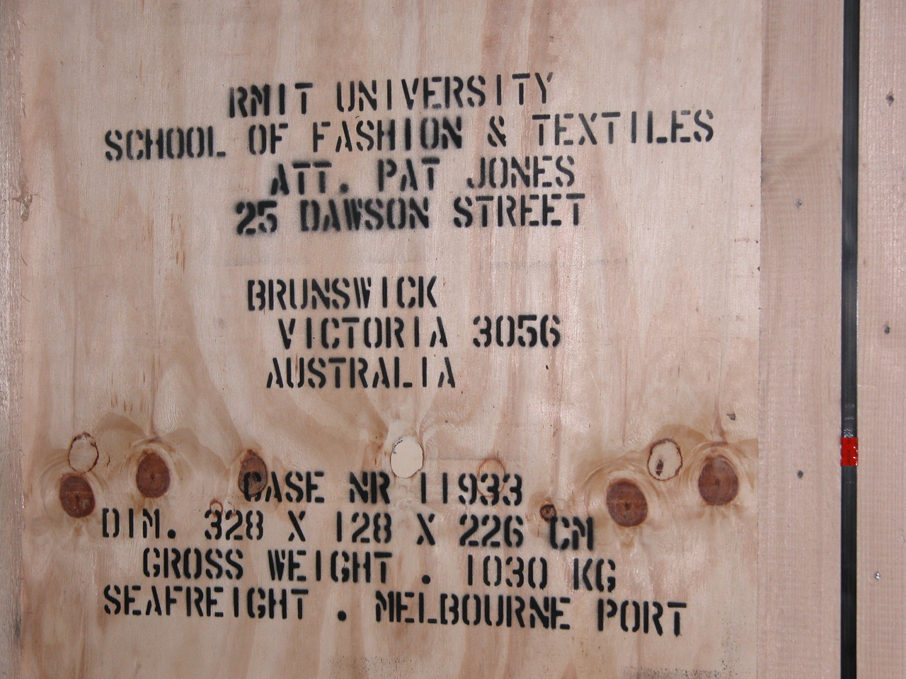The loom arriving in its shipping crate, RMIT 2001