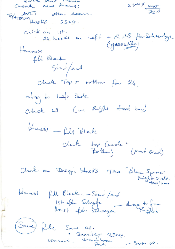 Pat Jones' handwritten loom setup notes